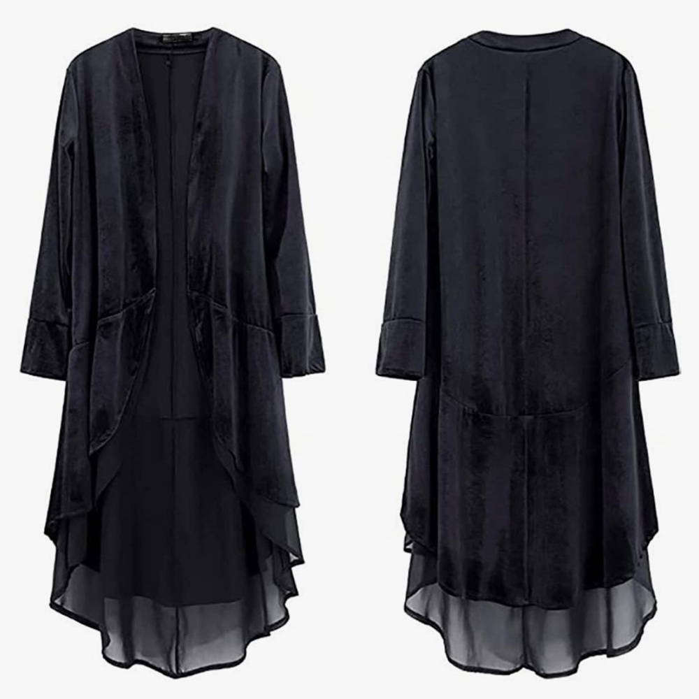 Linjia Shop black velvet cascade front open kimono size S